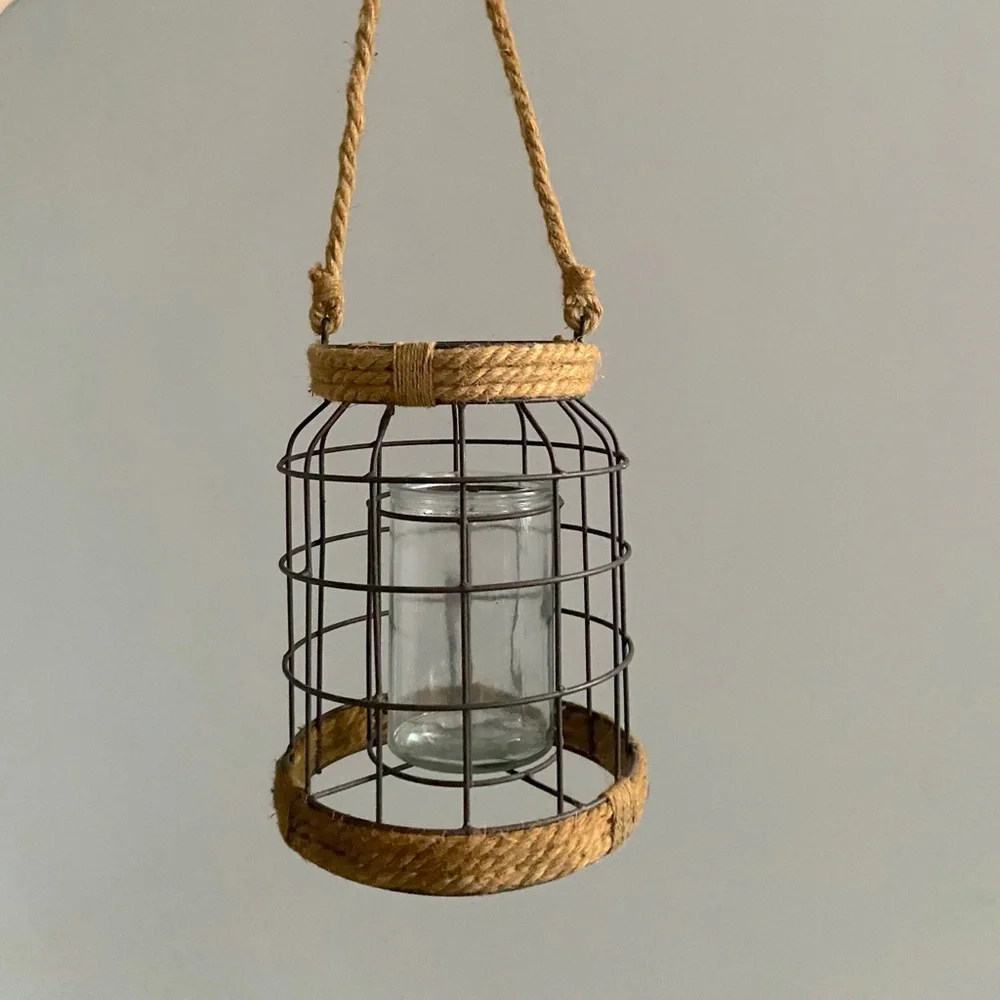 large 23” metal and jute lantern - rustic candle lighting decor